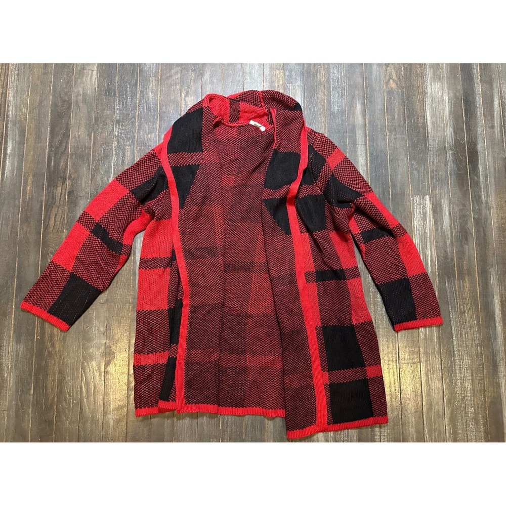 Catherines Red Black Buffalo Plaid Open Front Cardigan Sweater 1X Plus Size